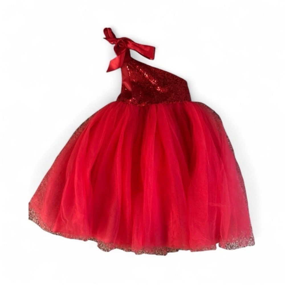Little Girls Size 4  Red Sequin One-Shoulder Tulle Dress Valentines Day B-Day